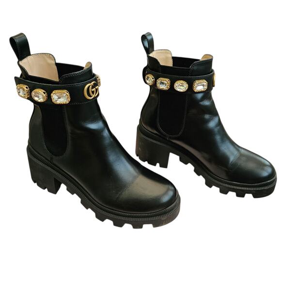 Gucci GG Trip Jewel Chunky Heel Chelsea Boot Size 36.5 US 6.5 Black Leather Gold - Picture 7 of 10